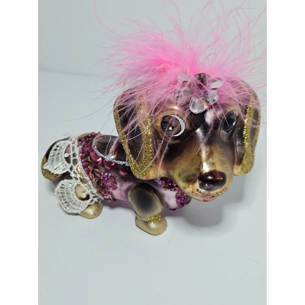 Glitter Princess Dachshund Dog Glass Ornament Pink Tutu Faux Feather Tiara 5